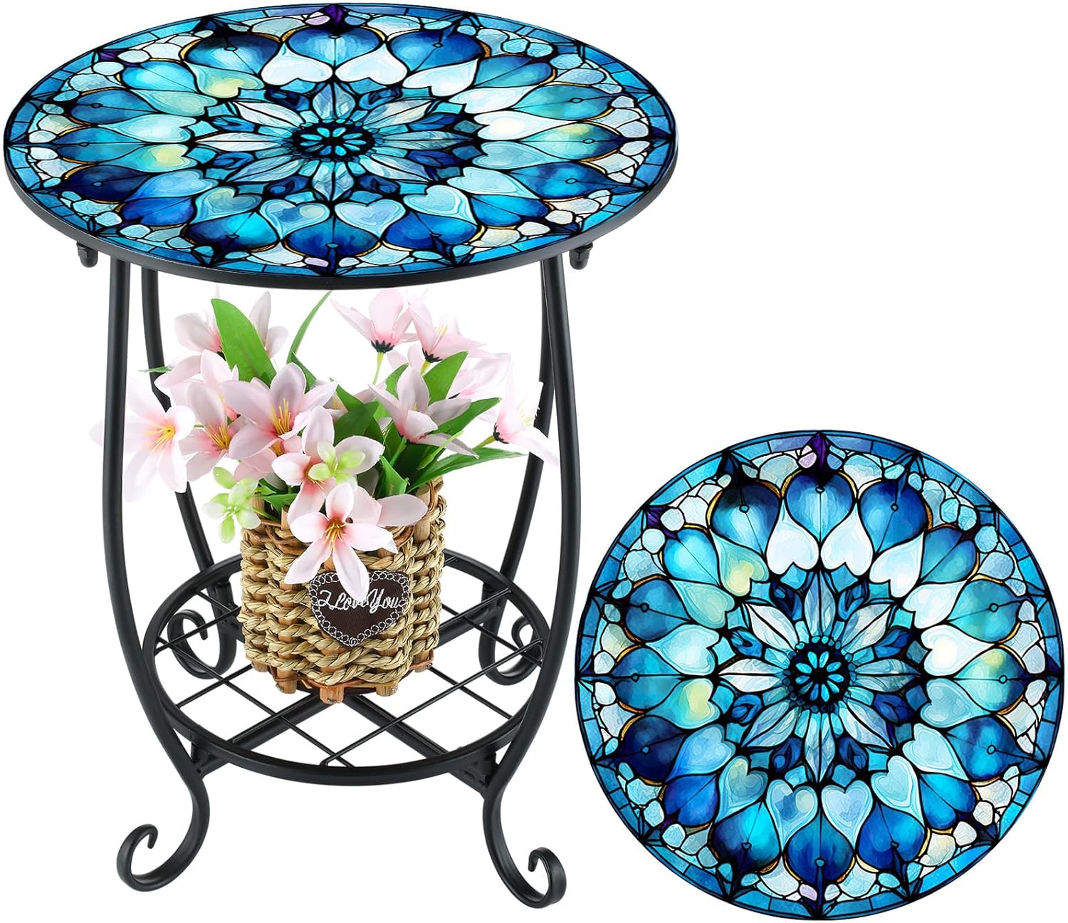 Cinnvoice Outdoor Side Table Round Small Mosaic Patio Accent Indoor End Plant Coffee Tea Table for Yard Patio Porch Garden Living Room, Bedroom(Butterfly Style,14 Inch)