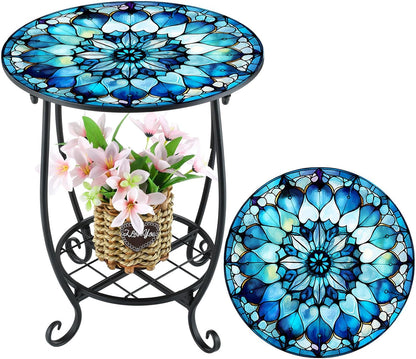 Cinnvoice Outdoor Side Table Round Small Mosaic Patio Accent Indoor End Plant Coffee Tea Table for Yard Patio Porch Garden Living Room, Bedroom(Butterfly Style,14 Inch)