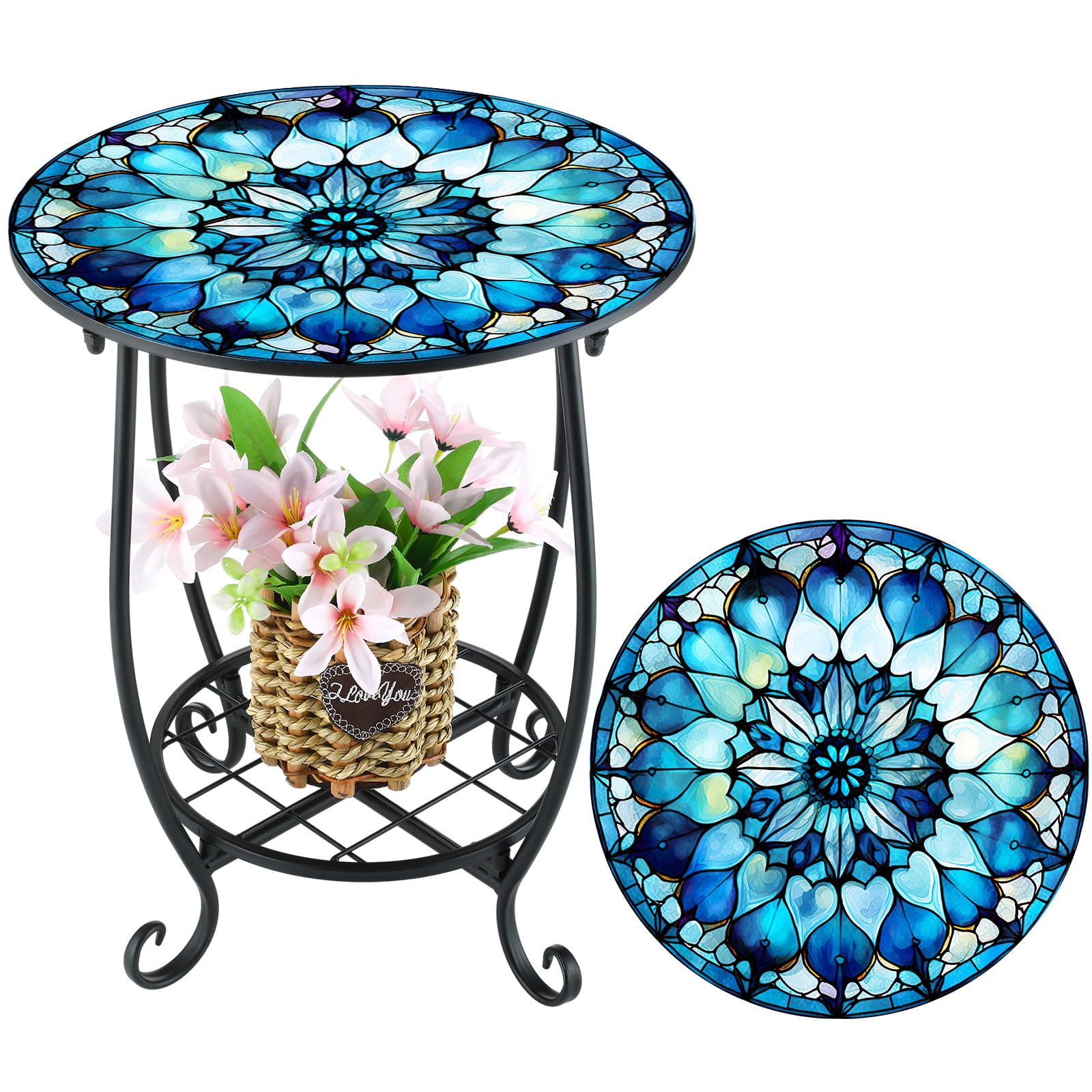 Cinnvoice Outdoor Side Table Round Small Mosaic Patio Accent Indoor End Plant Coffee Tea Table for Yard Patio Porch Garden Living Room, Bedroom(Butterfly Style,14 Inch)