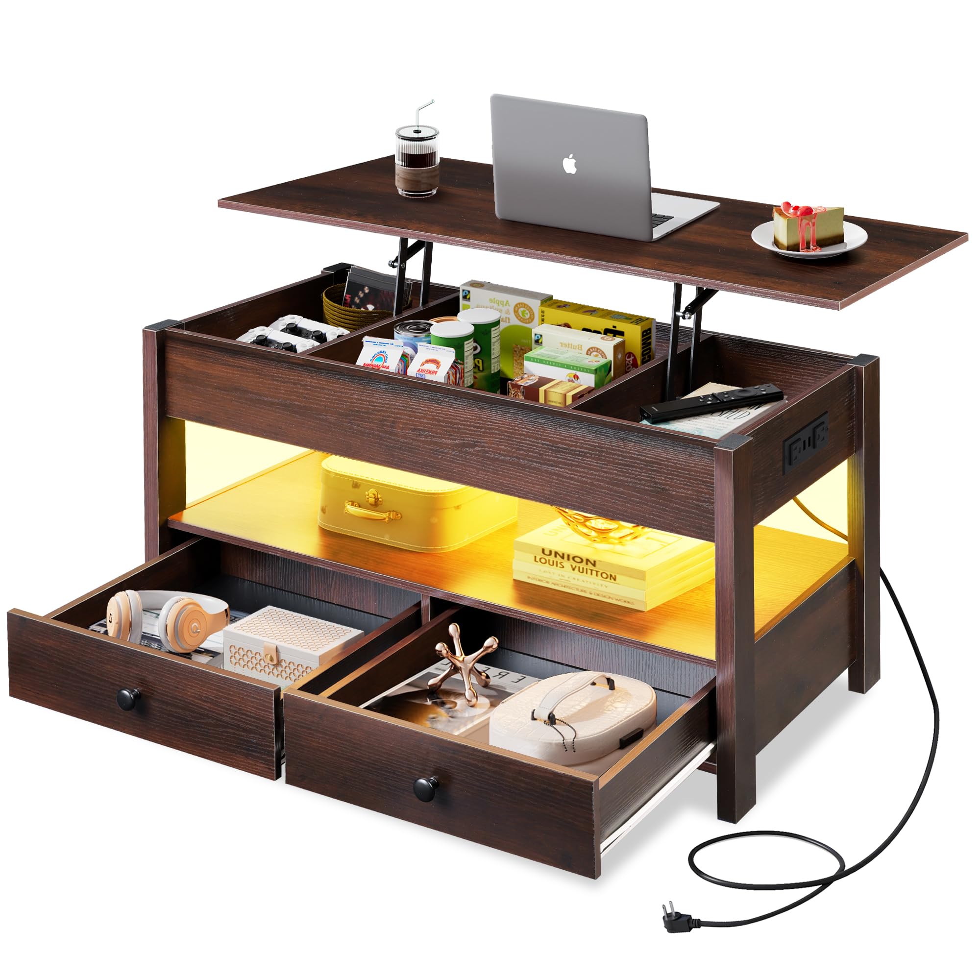 WLIVE Coffee Table with Lifting Top, Hidden Storage & Adjustable Shelf for Living Room Small Space, Multifunctional Rising Wooden Center Table, Mid Century Modern Tables for Home Dining Office, Brown