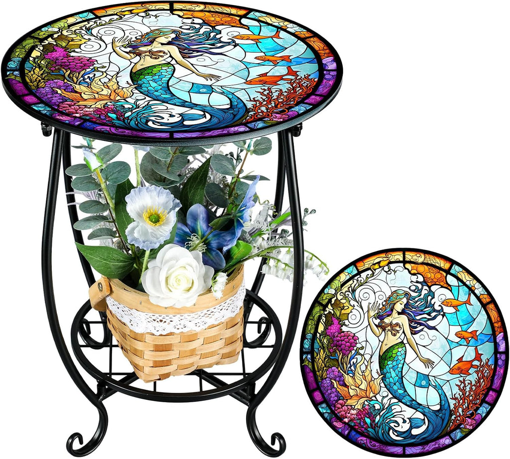 Cinnvoice Outdoor Side Table Round Small Mosaic Patio Accent Indoor End Plant Coffee Tea Table for Yard Patio Porch Garden Living Room, Bedroom(Butterfly Style,14 Inch)