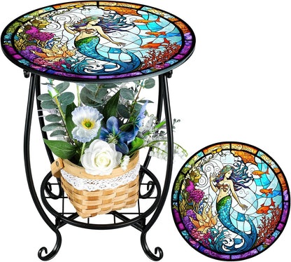 Cinnvoice Outdoor Side Table Round Small Mosaic Patio Accent Indoor End Plant Coffee Tea Table for Yard Patio Porch Garden Living Room, Bedroom(Butterfly Style,14 Inch)