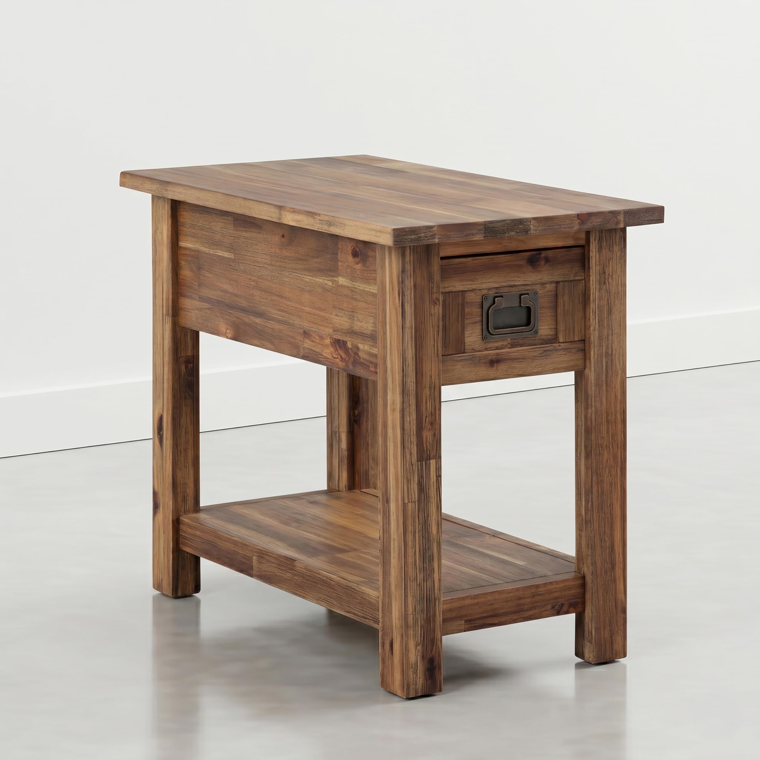 SIMPLIHOME Monroe End Table - 22 inch Wide Solid Acacia Wood Side Table in Distressed Charcoal Brown, Rustic Accent Table for Living Room or Bedroom with Drawer and Shelf
