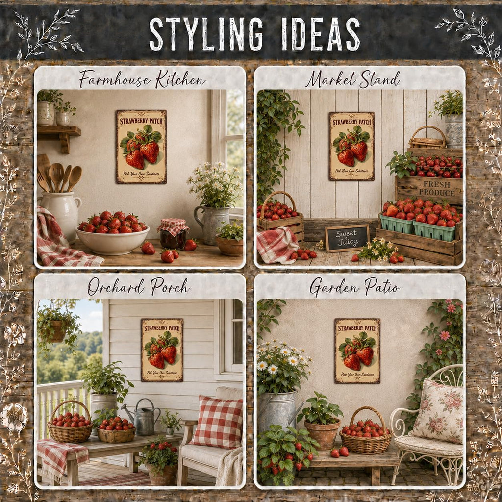 Strawberry Patch Tin Sign - Metal 12x8 Inch Farmhouse Rustic Wall Art for Kitchen, Garden, Fruit Stand, Gift for Strawberry Lovers