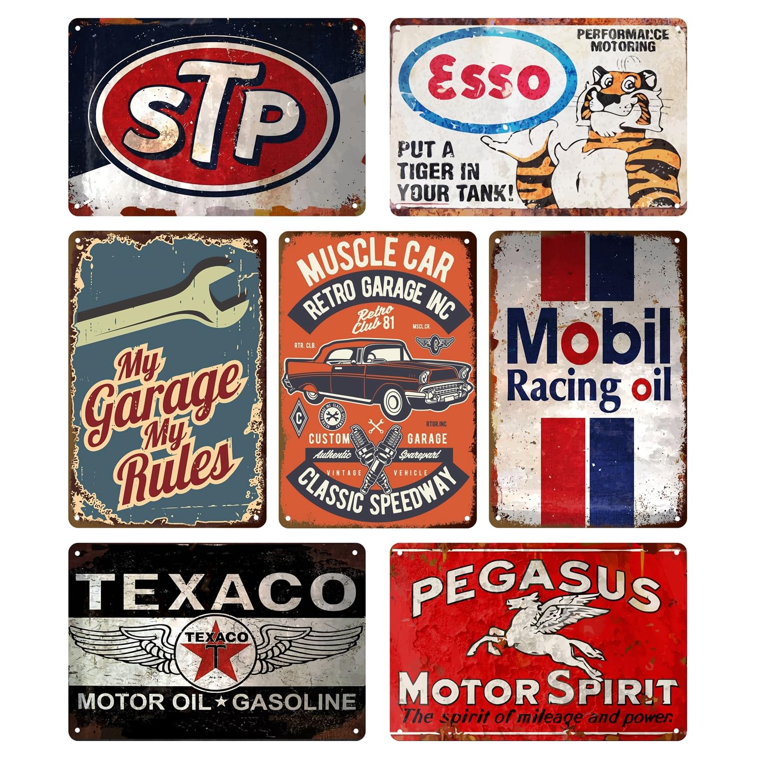 Vintage Metal Tin Garage Signs for Men,Gas Oil Car Metal Signs for Garage Man Cave Bar,Classic Tin Sign for Garage Decor 8 x 12 Inch（7pcs）