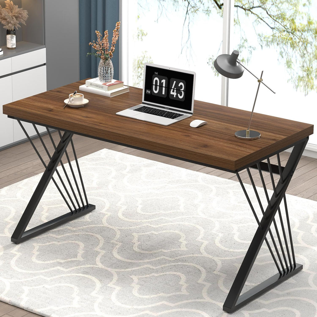 FOLUBAN Home Office Desks, Modern Wood and Metal Writing Study Work Table, Industrial Computer Desk for Bedroom Living Room, Rustic Walnut, 47 Inch