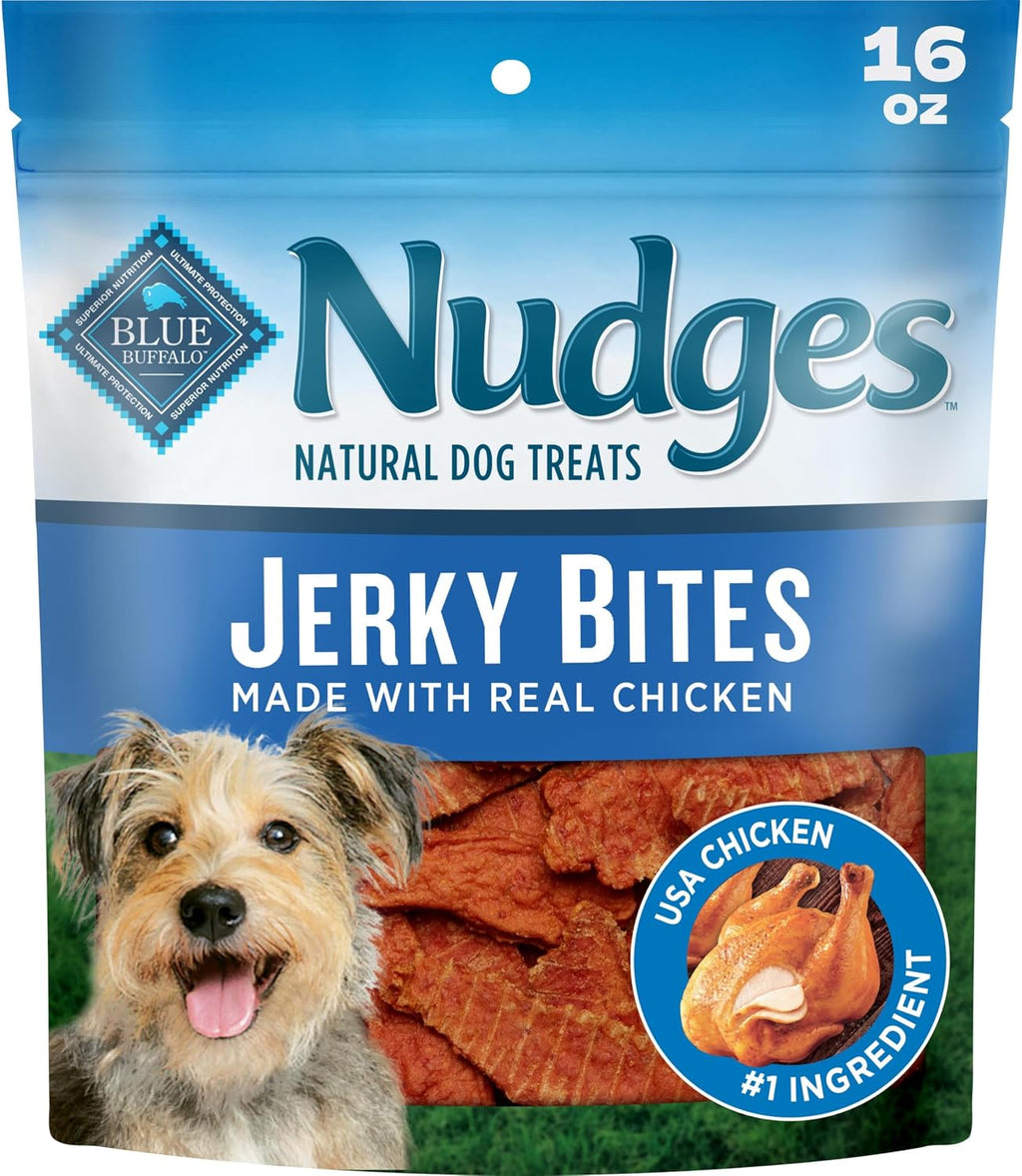 Blue Buffalo Nudges Chicken Jerky Bites Natural Dog Treats, Tender & Meaty Dog Snacks, Healthy Reward or Training Treat, Made in the USA with Real Chicken, No Artificial Preservatives, 16 oz.