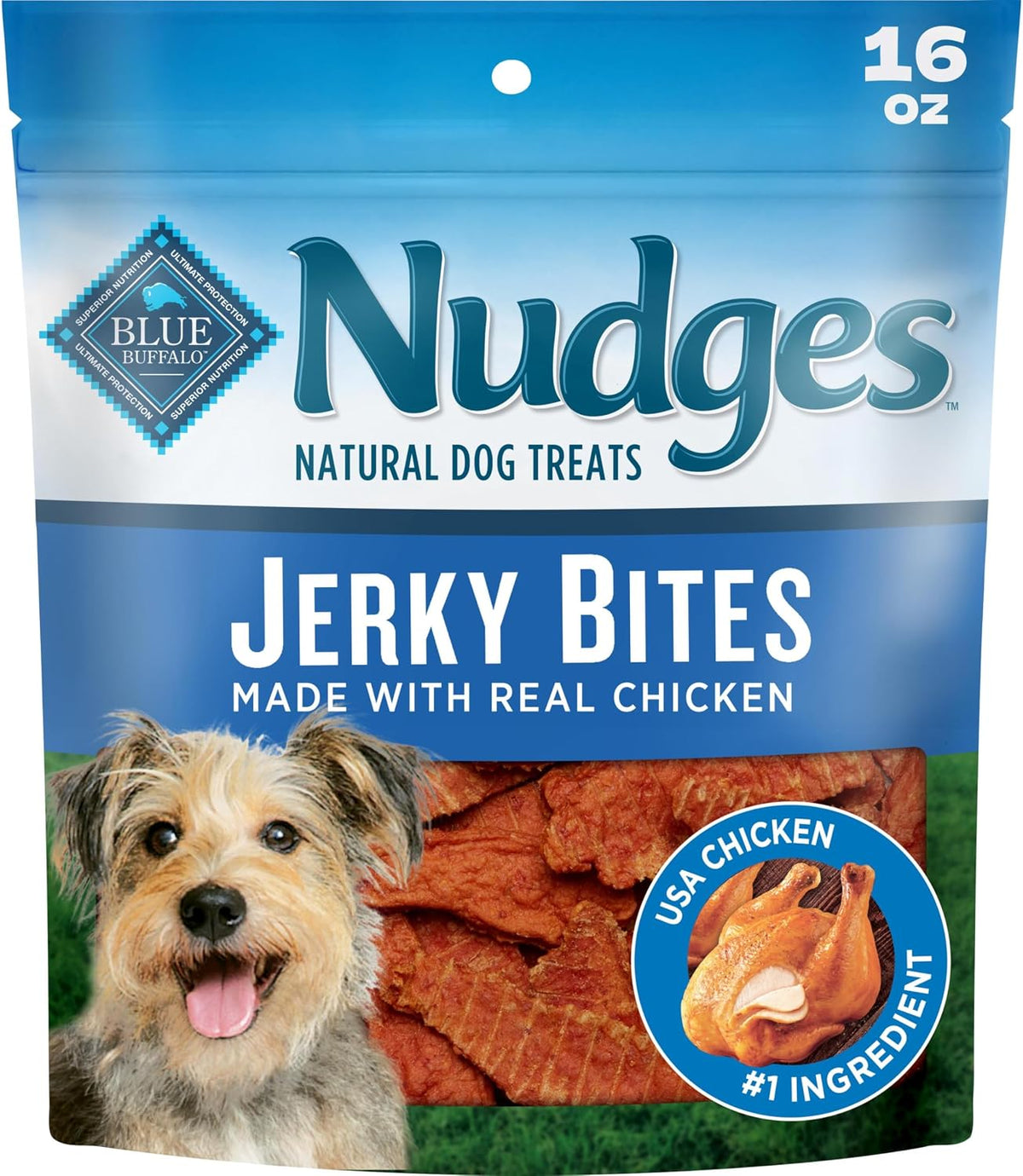 Blue Buffalo Nudges Chicken Jerky Bites Natural Dog Treats, Tender & Meaty Dog Snacks, Healthy Reward or Training Treat, Made in the USA with Real Chicken, No Artificial Preservatives, 16 oz.