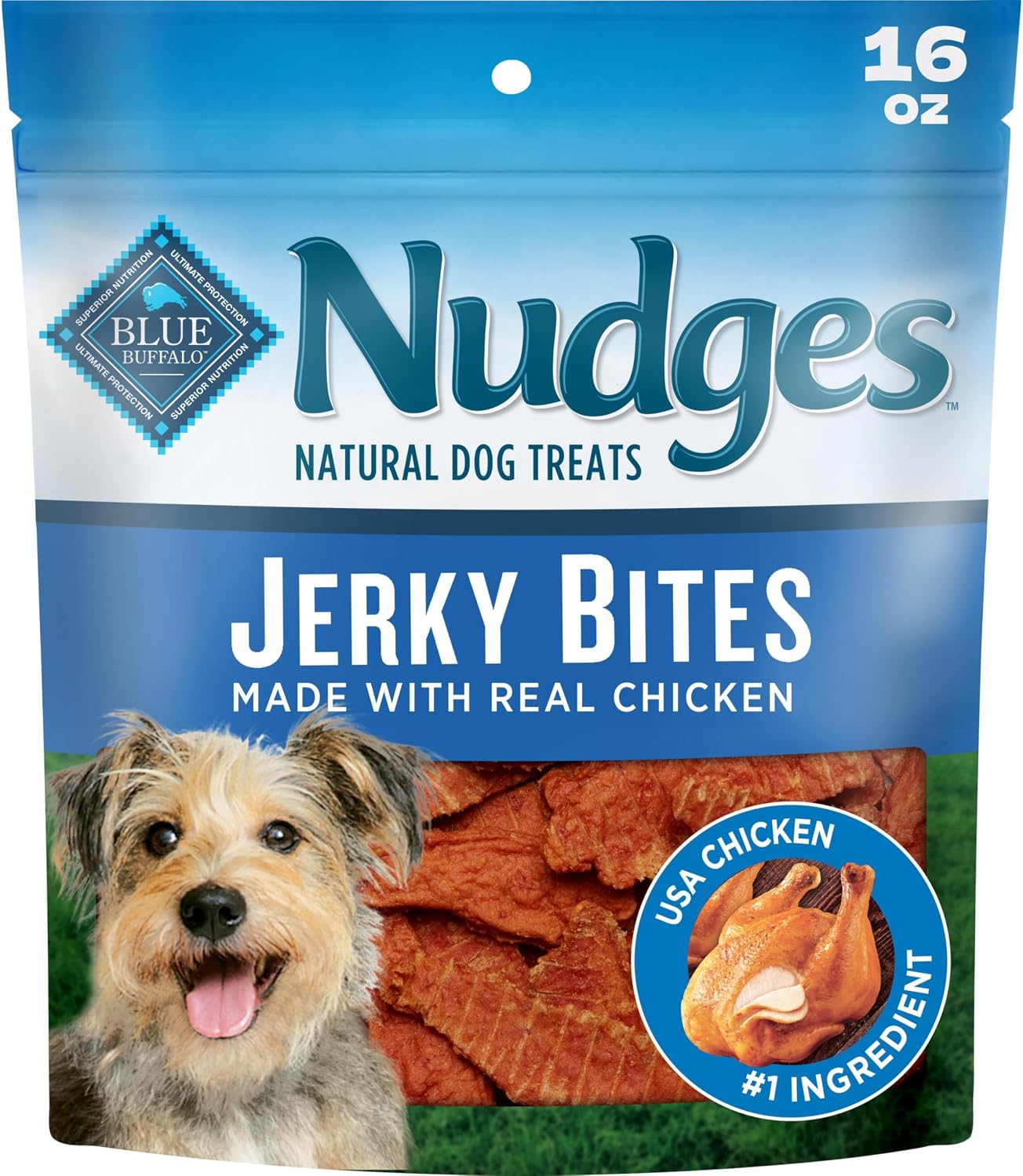 Blue Buffalo Nudges Chicken Jerky Bites Natural Dog Treats, Tender & Meaty Dog Snacks, Healthy Reward or Training Treat, Made in the USA with Real Chicken, No Artificial Preservatives, 16 oz.