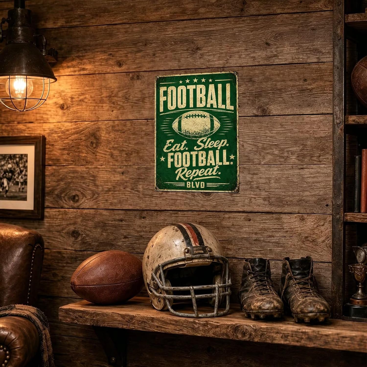 Eat Sleep Football Repeat Tin Sign, Football Room Wall Decor For Teen Boys Room Bedroom, Sports Player Man Cave Decor 8X12 Inch