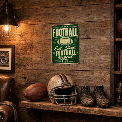 Eat Sleep Football Repeat Tin Sign, Football Room Wall Decor For Teen Boys Room Bedroom, Sports Player Man Cave Decor 8X12 Inch