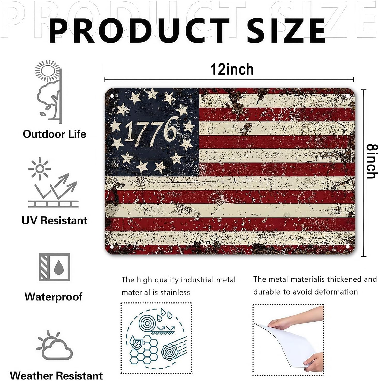 Patriotic 1776 Betsy Ross Flag tin sign， Vintage American Revolutionary War Metal Sign Print Aesthetic for Garden Yard Bar Porch Home Bedroom Kitchen Wall Decor Gift 8 x 12 in