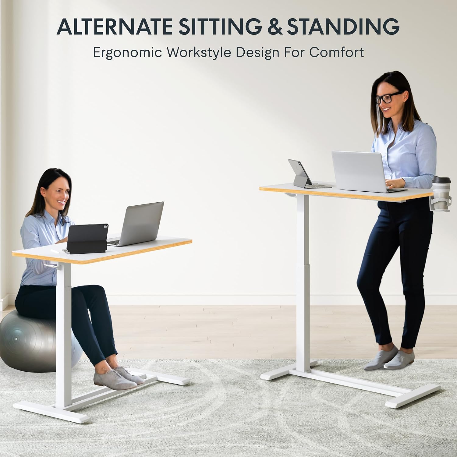 FLEXISPOT H7 Adjustable Overbed Bedside Table with Wheels Pneumatic Mobile Standing Laptop Desk Rolling Computer Cart Movable Overbed Table Hospital Home Use (31.5" W x 17.7" D, White Maple Large)