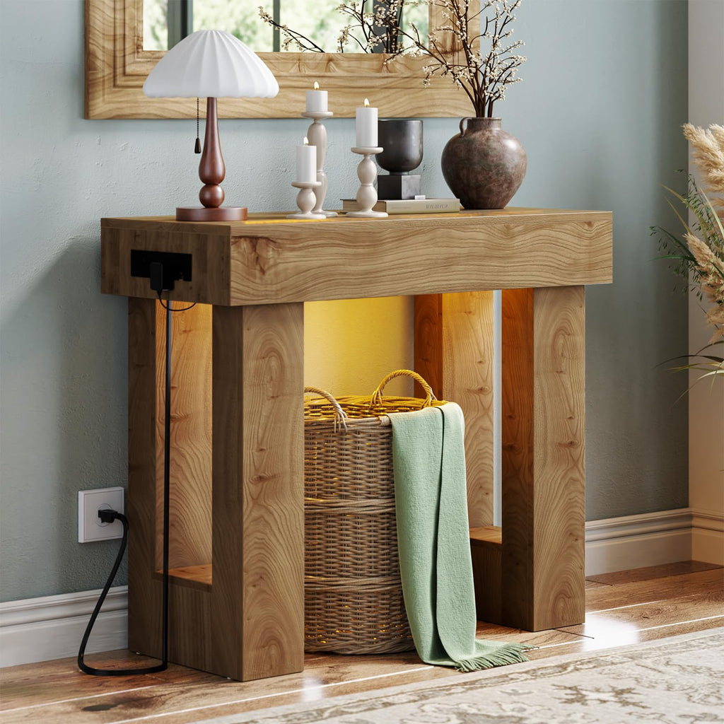 Unikito 47" Entryway Table with Socket and Sensor Light, Narrow Console Table with Storage Behind Couch, Farmhouse Entry Way Tables with Open Storage for Entrance/Hallway/Living Room, Natural Oak