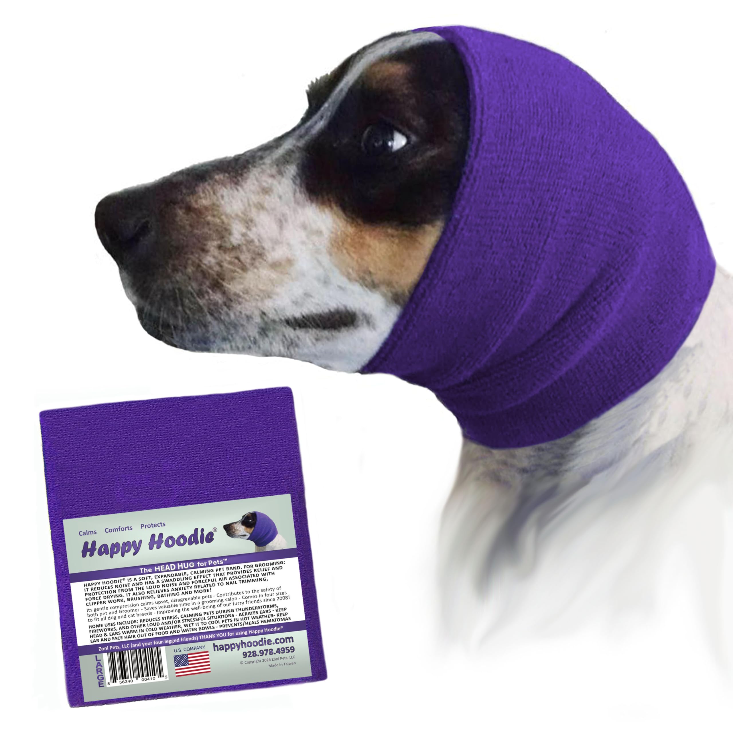 Happy Hoodie The Original Dog & Cat Calming Band - American Brand - Anxiety Relief/Noise Protection-Grooming-Thunder-Fireworks (Large, Blue) - Since 2008