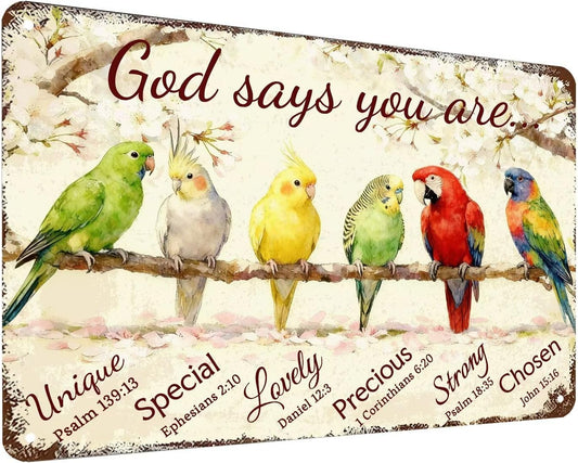 Inspirational Bible Verse Sign God Says You Are Metal Tin Signs Bird Print Christian Gift Quotes Poster for Church Prayer Room Office Decor 8x12 Inch