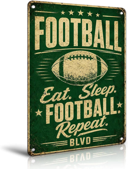 Eat Sleep Football Repeat Tin Sign, Football Room Wall Decor For Teen Boys Room Bedroom, Sports Player Man Cave Decor 8X12 Inch