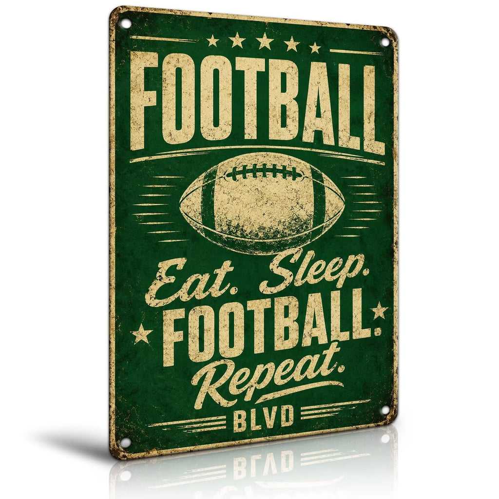 Eat Sleep Football Repeat Tin Sign, Football Room Wall Decor For Teen Boys Room Bedroom, Sports Player Man Cave Decor 8X12 Inch