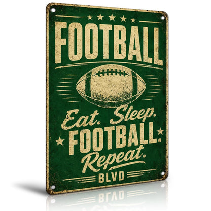 Eat Sleep Football Repeat Tin Sign, Football Room Wall Decor For Teen Boys Room Bedroom, Sports Player Man Cave Decor 8X12 Inch