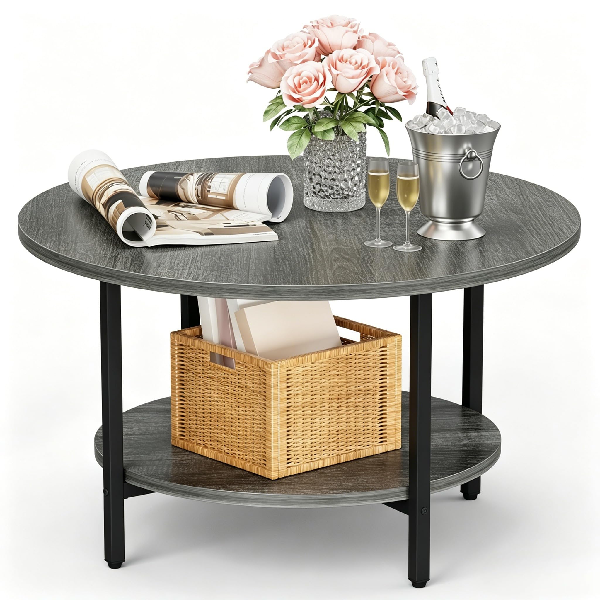 FAMIDGE Coffee Table, 23.6" Coffee Tables for Living Room, Round Coffee Table with Metal Frame, Floor Table for Sitting on The Floor, Home, Office, Black