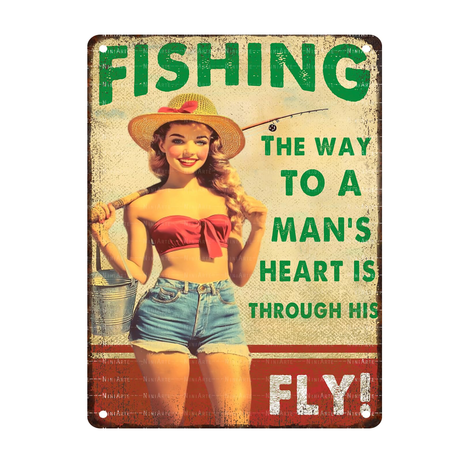Pin Up Girl Fishing Metal Tin Sign The Way to A Man's Heart Through His Fly Vintage Sign for Wall Art Decor for Home Angler Wall Decor Cafes Lake House Seascape Decor 8X12Inch