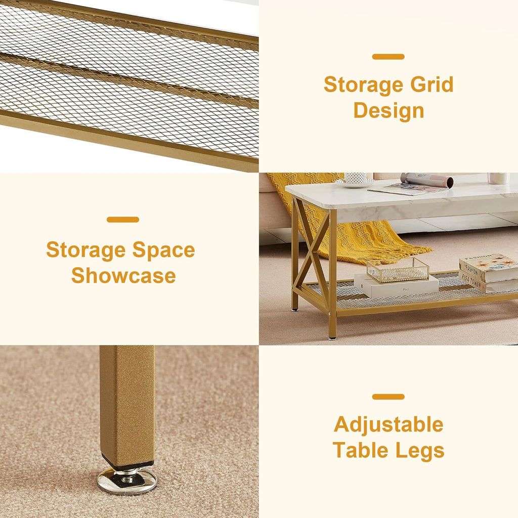 VECELO Coffee Table with 2-Tier Storage Shelf X-Frame for Living Room, Office Industrial Style,Easy Assembly, 39 inch Gold