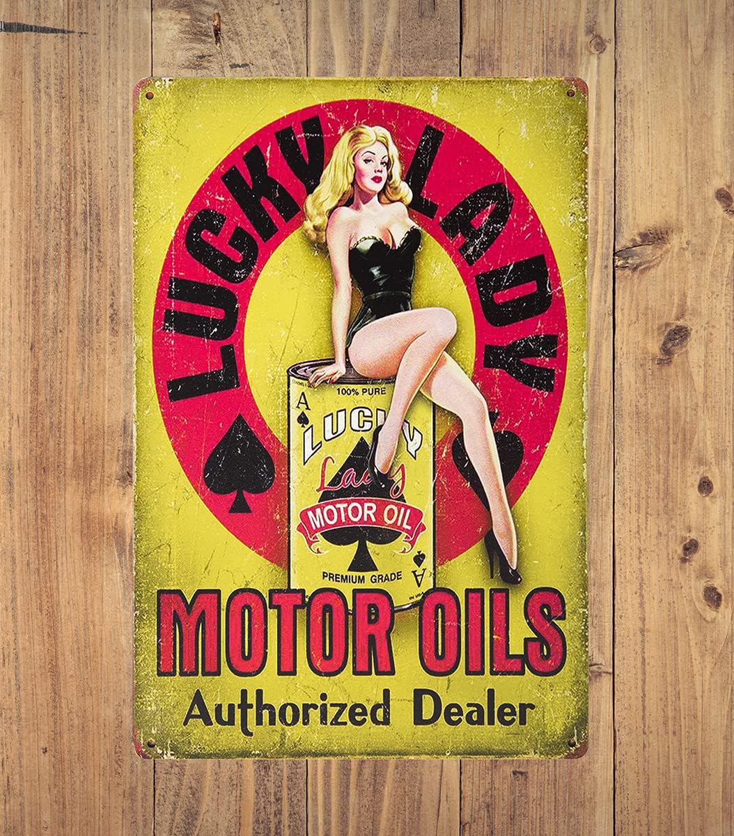 ERLOOD Lucky Lady Motor Oil Gas Service Garage Dealer Pin up Girl Retro Vintage Decor Tin Sign 12 X 8