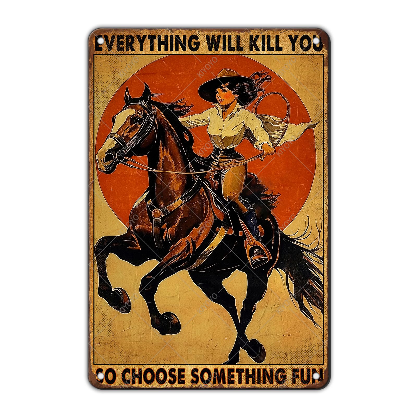 Vintage Metal Tin Sign You Don't Stop Riding When You Get Old Retro Wall Art Decor Woman Riding Horse Under Moon 12x8 Inch
