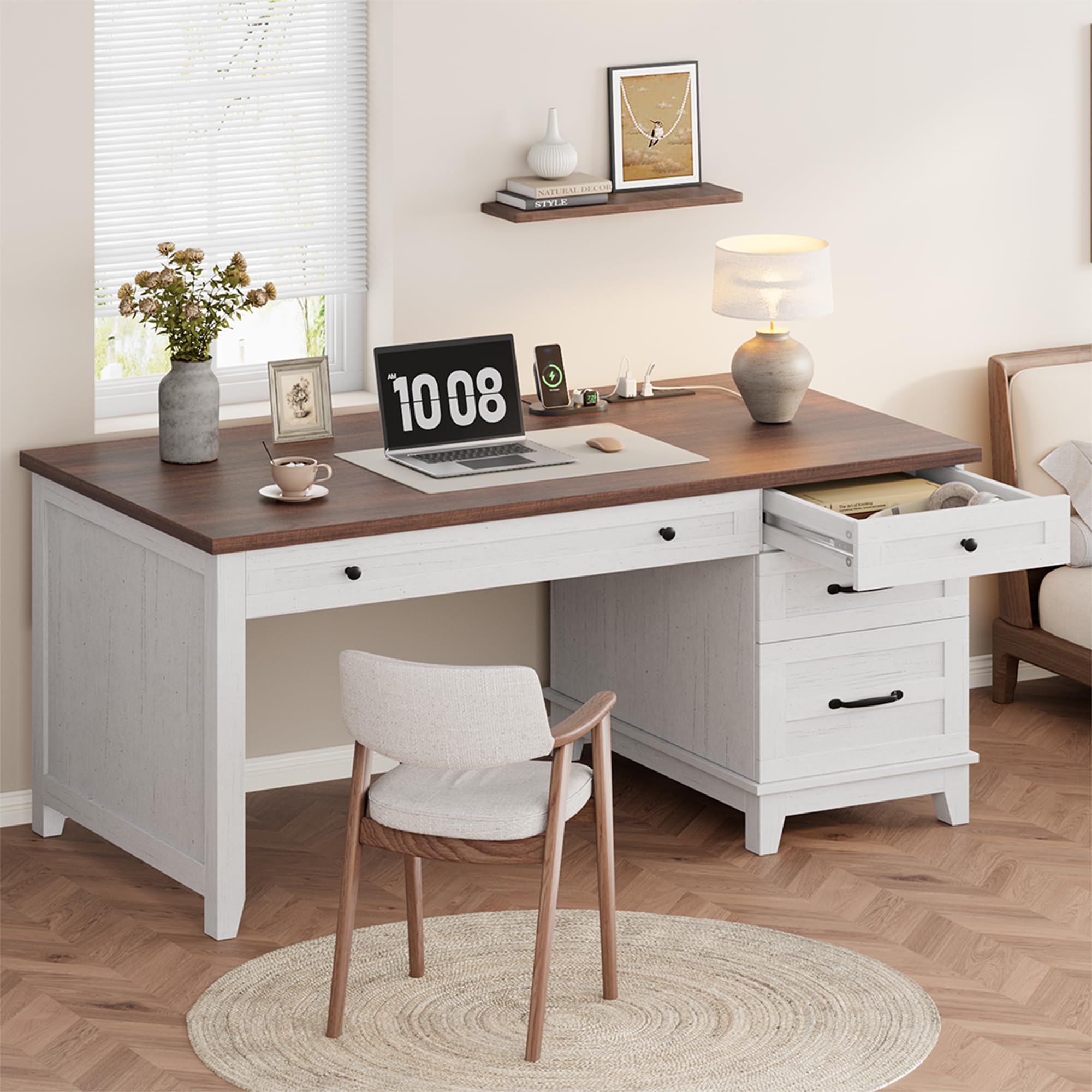 Garvee 53.5" Wooden Home Office Desk with File Drawers, Executive Desk with Power Outlet, Farmhouse Wood Desk with Storage, Distressed Study and Work Table, Rustic Grey
