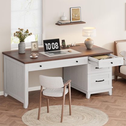 Garvee 53.5" Wooden Home Office Desk with File Drawers, Executive Desk with Power Outlet, Farmhouse Wood Desk with Storage, Distressed Study and Work Table, Rustic Grey