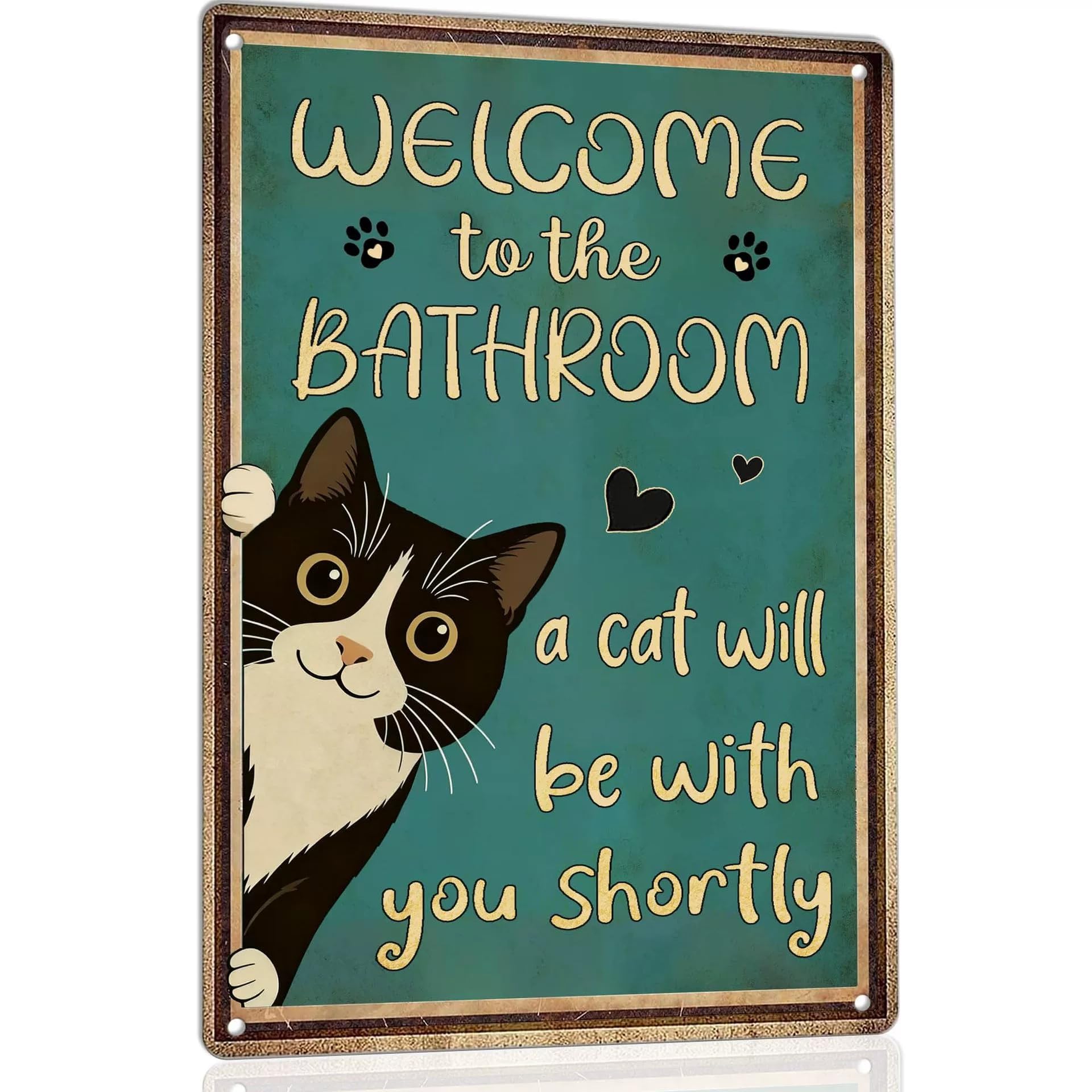 Funny Bathroom Sign Vintage Cat Tin Signs for Wall Decor 8" x 12" Funny Bathroom Signs Restroom Toilet Decor Metal Wall Plaque Poster (Welcome)