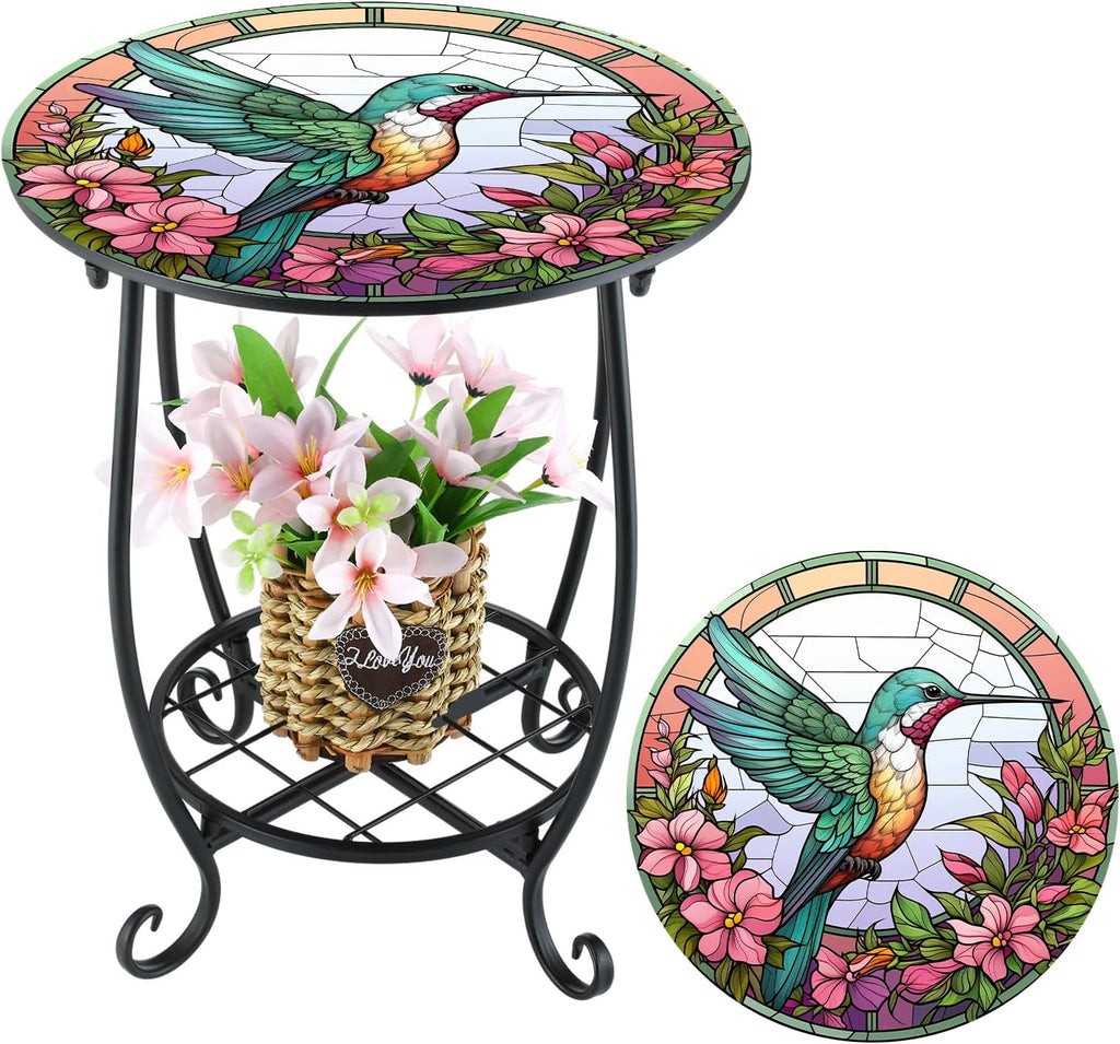 Cinnvoice Outdoor Side Table Round Small Mosaic Patio Accent Indoor End Plant Coffee Tea Table for Yard Patio Porch Garden Living Room, Bedroom(Butterfly Style,14 Inch)