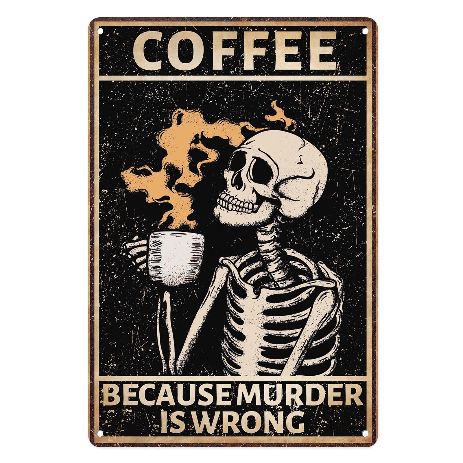 Sanwarm Metal Sign Coffee Skull Retro Flower Horror Vintage Tin Sign For Living Room Cafe Bar Club Office Home Wall Decor 12 X 8 Inch