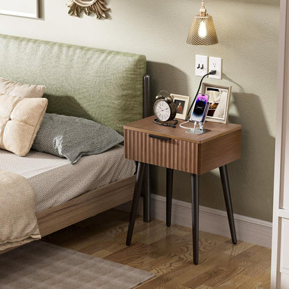 HAIOOU Set of 2 Mid Century Nightstand with Charging Station, End Table Modern Side Table One Drawer with Premium Matte Black Handle and Pine Wood Legs for Home Bedroom Living Room