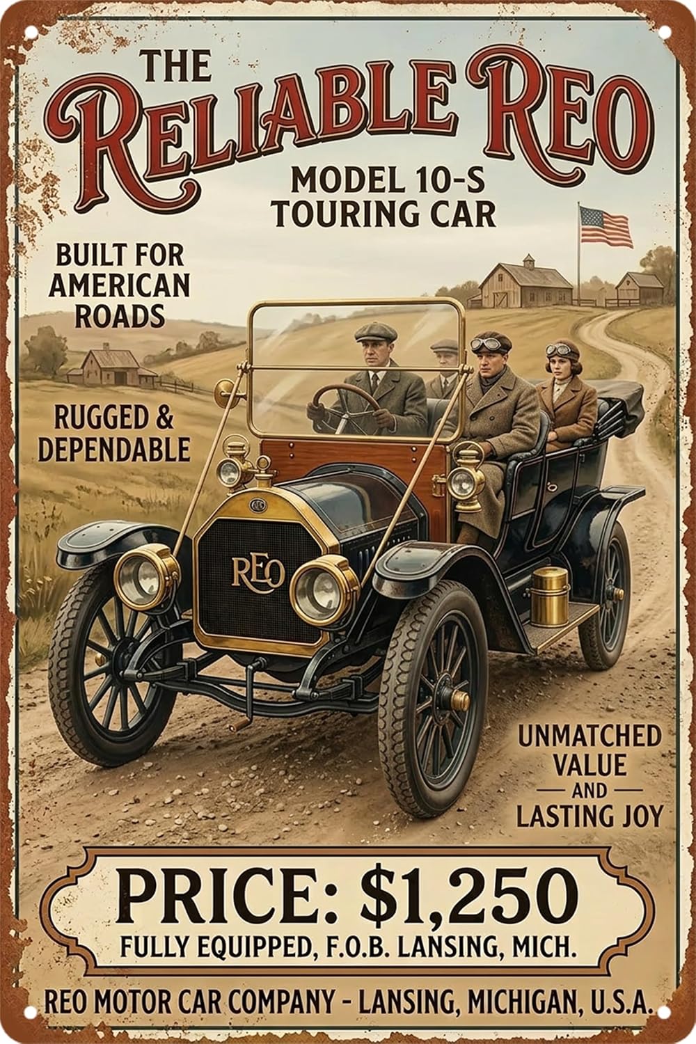 Vintage Car Sign Retro Sports Car Metal Tin Signs, Tin Sign Car for Garage Decor, Classic Car Decor Early American Metal Garage Sign for Man Cave, 8x12 Inch (REO model 10-S)