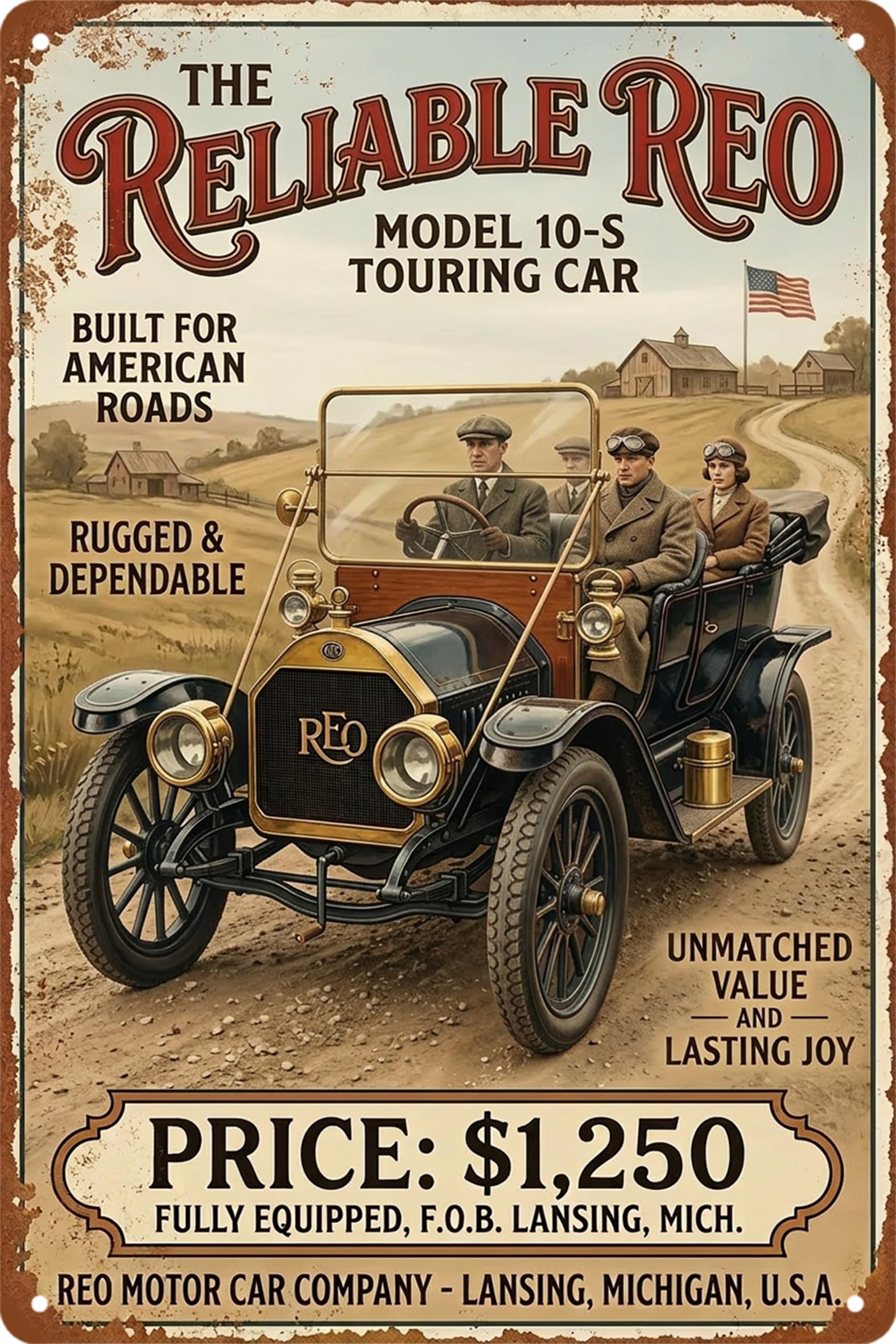 Vintage Car Sign Retro Sports Car Metal Tin Signs, Tin Sign Car for Garage Decor, Classic Car Decor Early American Metal Garage Sign for Man Cave, 8x12 Inch (REO model 10-S)