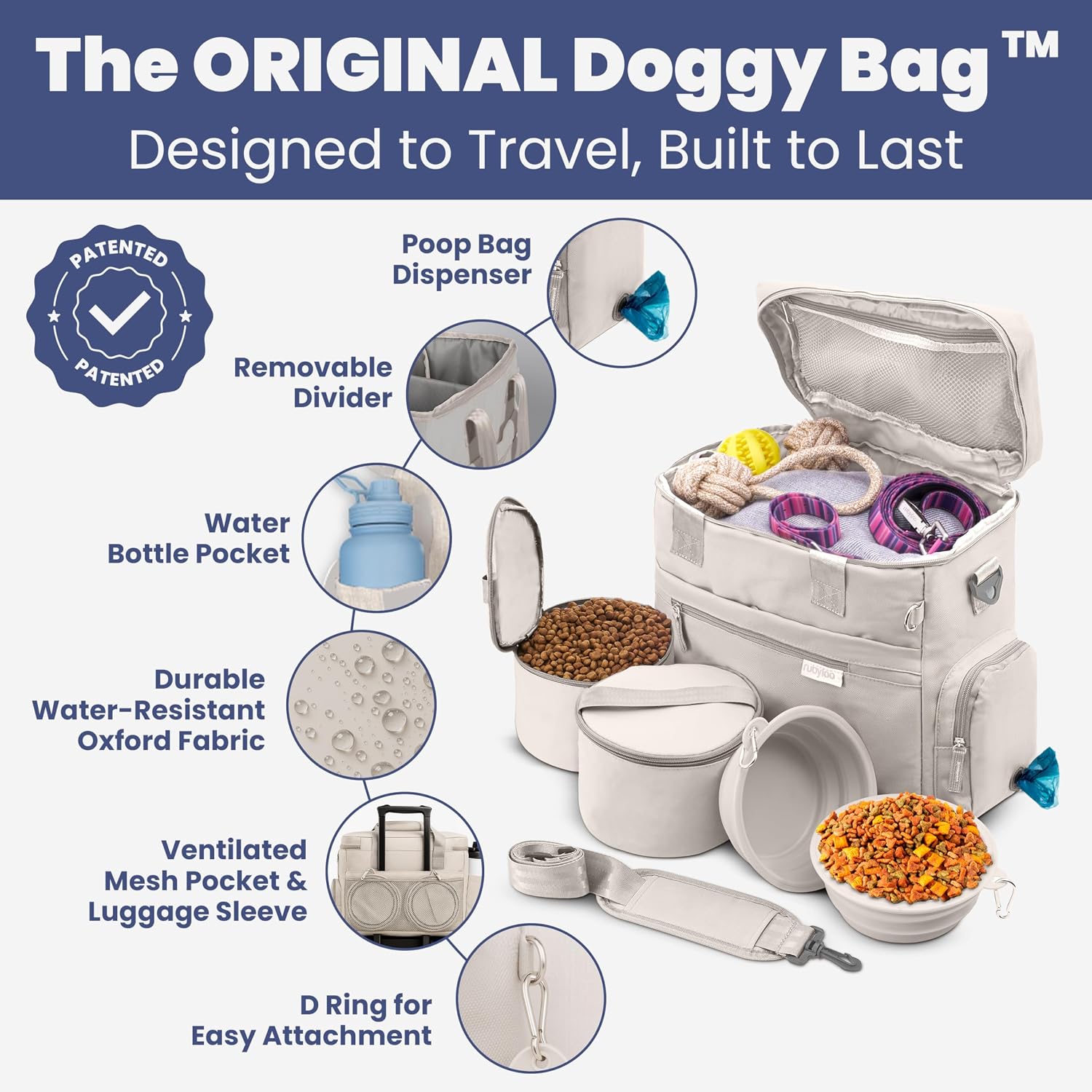 The Original Doggy Bag™ - Complete Dog Travel Bag for Supplies with 2 BPA-Free Travel Dog Bowls & 2 Pet Food Containers - Traveling Kit for Road Trips, Camping, Weekend Away or Doggy Gift: Beige