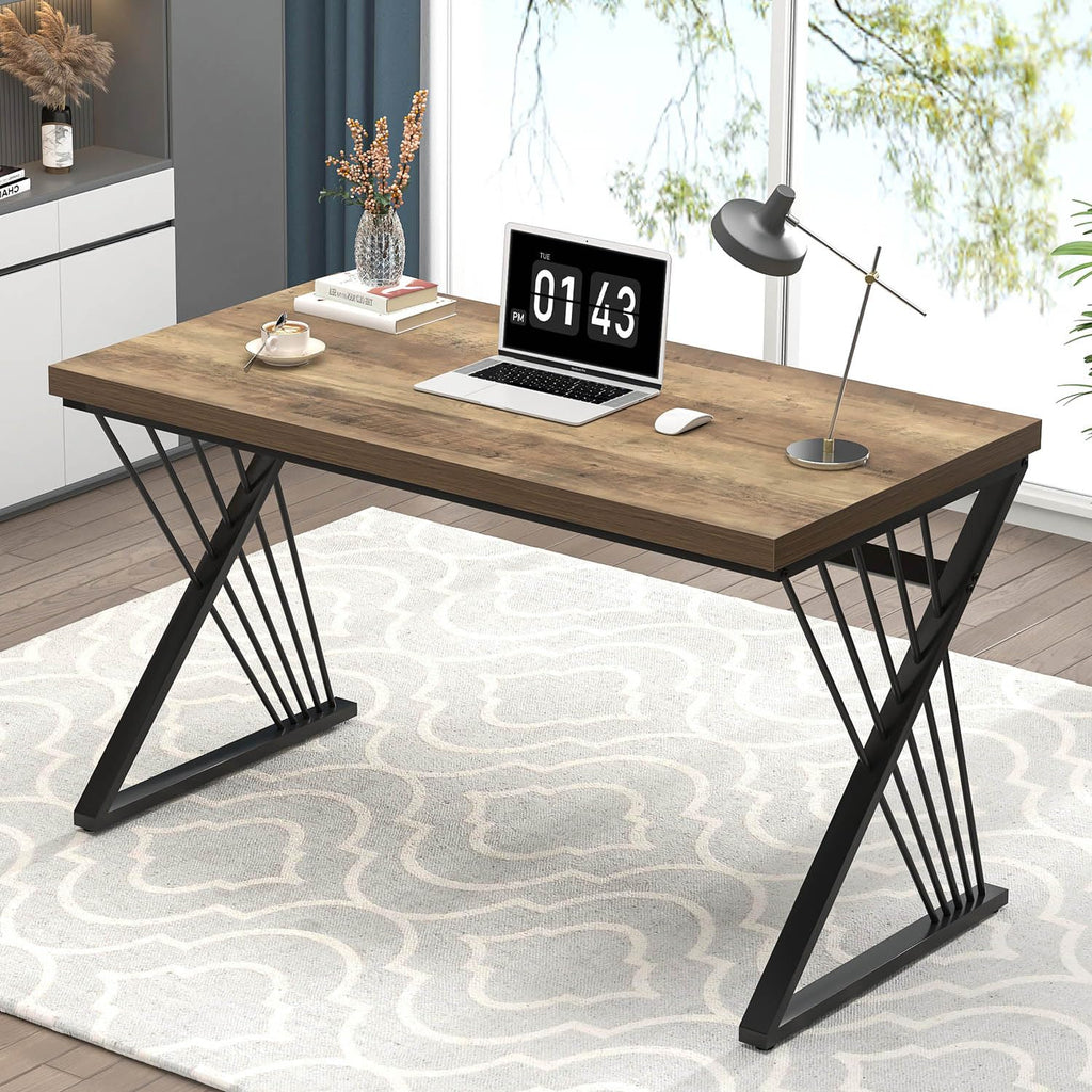 FOLUBAN Home Office Desks, Modern Wood and Metal Writing Study Work Table, Industrial Computer Desk for Bedroom Living Room, Rustic Walnut, 47 Inch