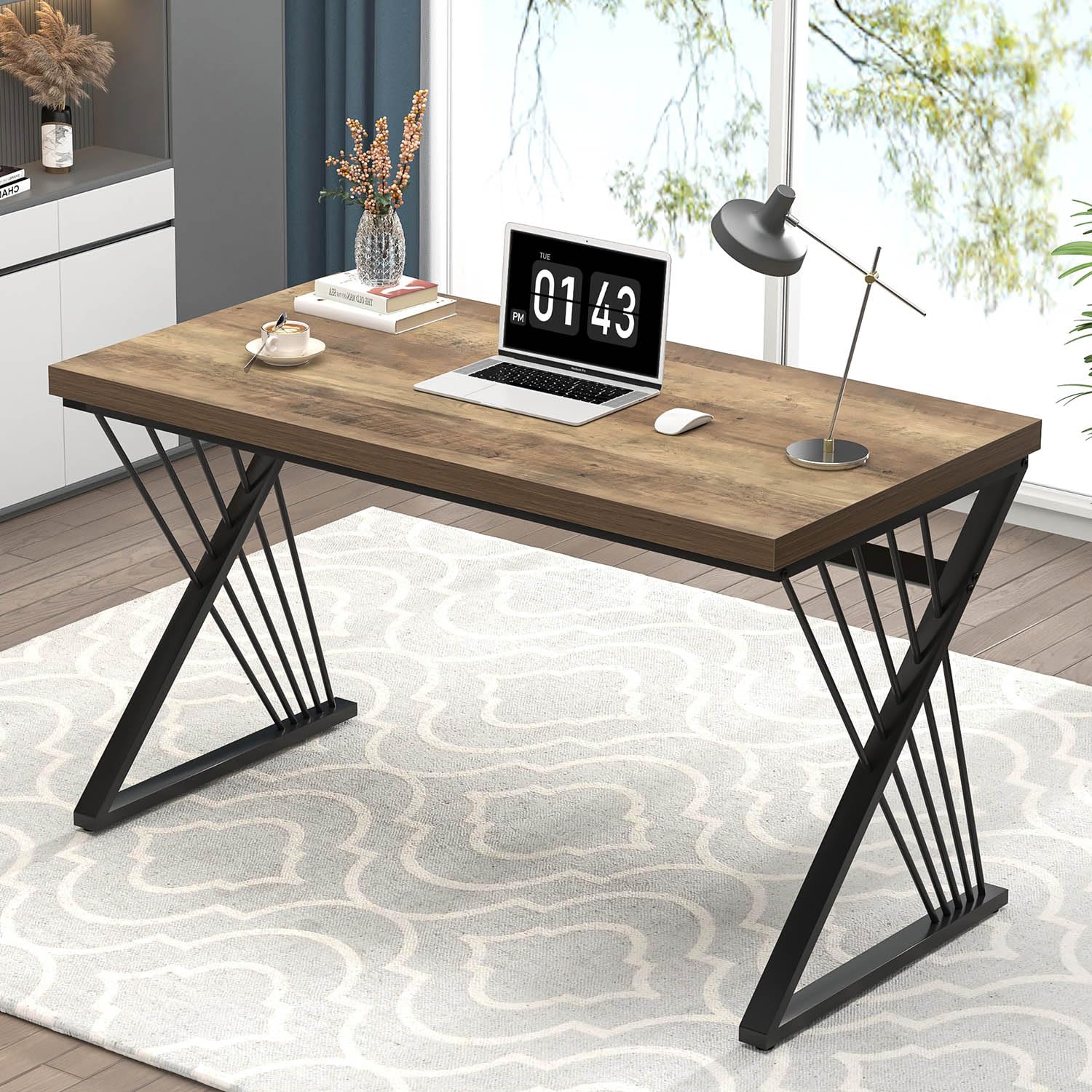 FOLUBAN Home Office Desks, Modern Wood and Metal Writing Study Work Table, Industrial Computer Desk for Bedroom Living Room, Rustic Walnut, 47 Inch