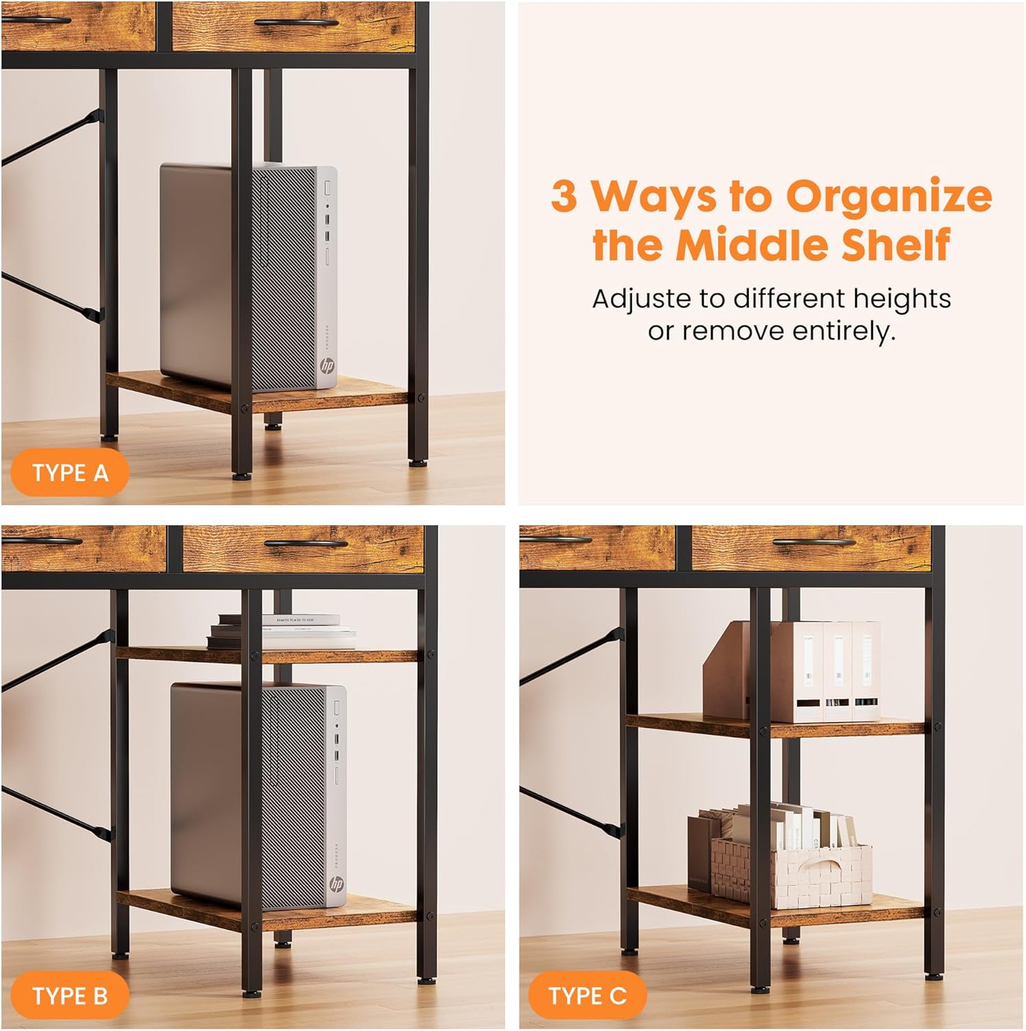 OLIXIS Computer desk with 6 Drawers, 55 inch Office workstation with Storage Shelves, Reversible Gaming setup, Corner table with Storage Drawers, Work for Home Office, Study, Living Room, Rustic Brown