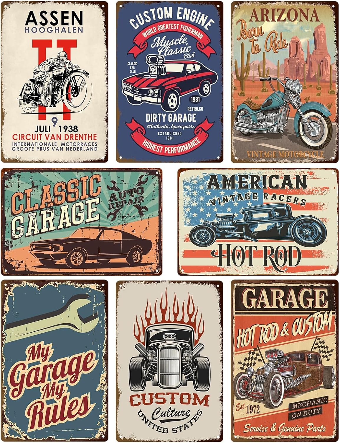 8 Pcs Vintage Tin Garage Signs,Vintage Metal Tin Signs Retro Garage Signs For Men Wall Decorations Car Posters Man Cave Decor 8×12 Inch（8pcs）
