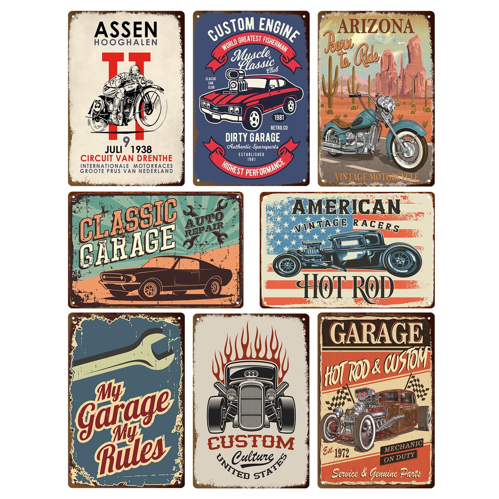 8 Pcs Vintage Tin Garage Signs,Vintage Metal Tin Signs Retro Garage Signs For Men Wall Decorations Car Posters Man Cave Decor 8×12 Inch（8pcs）