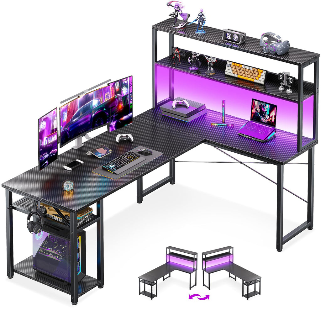 ODK 53" L Shaped Gaming Desk with Hutch & Headphone Hook, Corner Computer Table with Storage Shelves for Home Office, Black