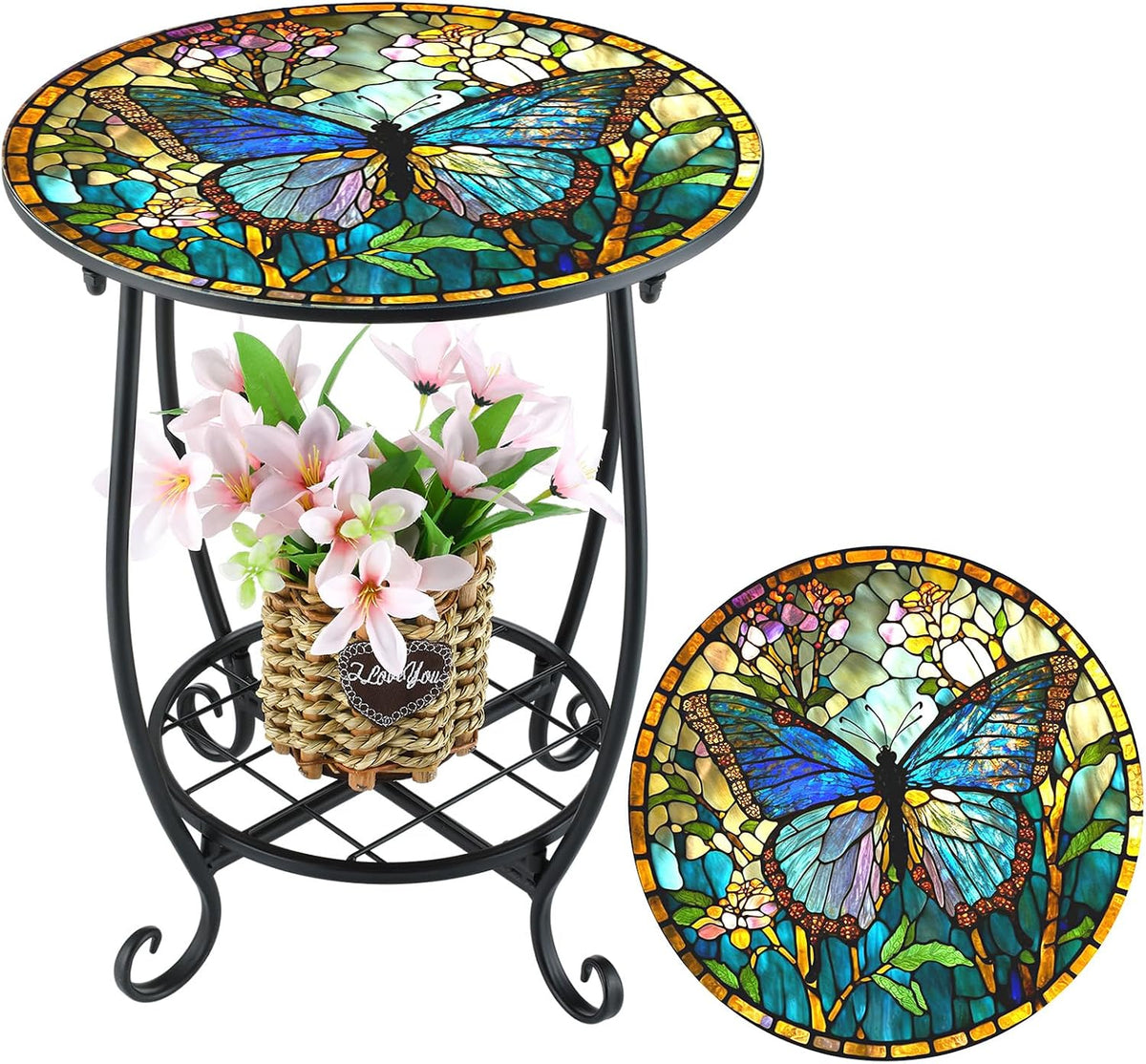 Cinnvoice Outdoor Side Table Round Small Mosaic Patio Accent Indoor End Plant Coffee Tea Table for Yard Patio Porch Garden Living Room, Bedroom(Butterfly Style,14 Inch)