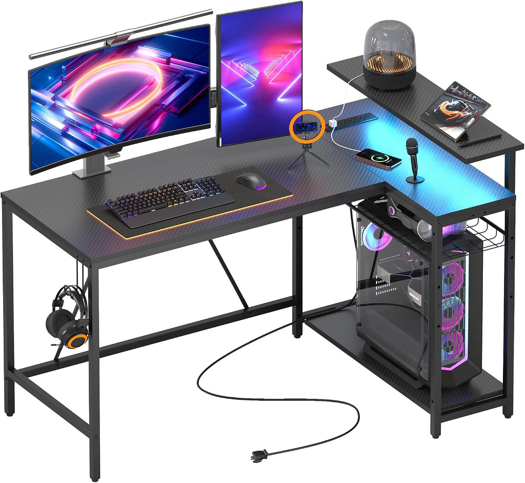 Bestier White Computer Desk with Charging Port & LED Strip,42 inch Modern Gaming Desk with Reversible Storage Shelves,Small L Shaped Desk with Hooks for Home Office