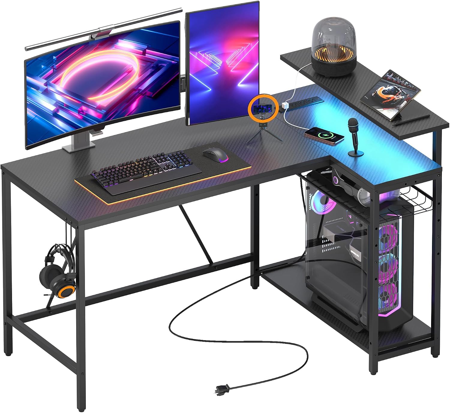 Bestier White Computer Desk with Charging Port & LED Strip,42 inch Modern Gaming Desk with Reversible Storage Shelves,Small L Shaped Desk with Hooks for Home Office