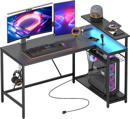 Bestier White Computer Desk with Charging Port & LED Strip,42 inch Modern Gaming Desk with Reversible Storage Shelves,Small L Shaped Desk with Hooks for Home Office