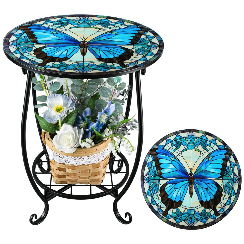 Cinnvoice Outdoor Side Table Round Small Mosaic Patio Accent Indoor End Plant Coffee Tea Table for Yard Patio Porch Garden Living Room, Bedroom(Butterfly Style,14 Inch)
