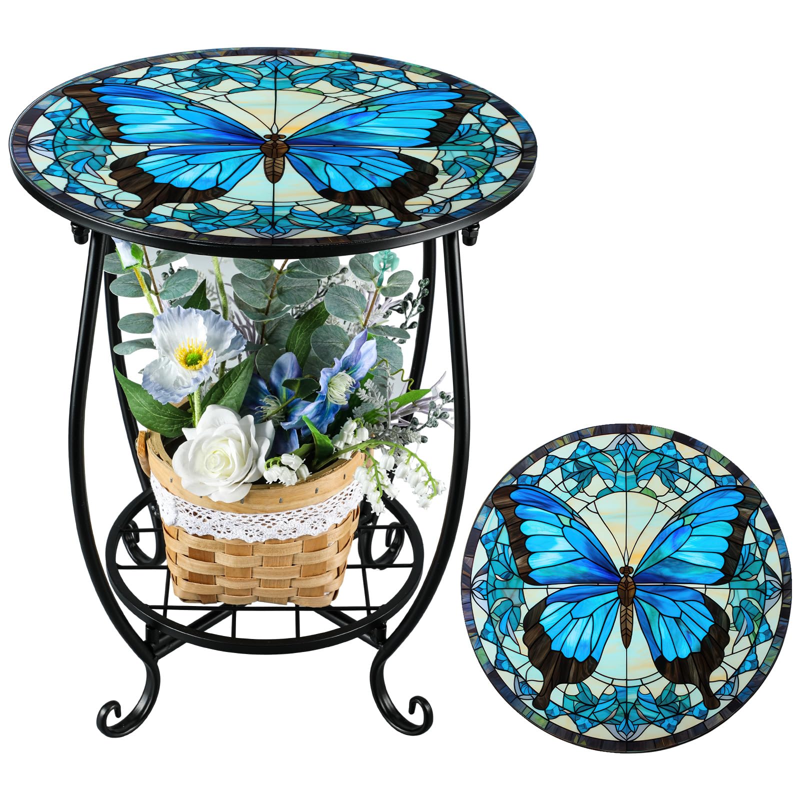Cinnvoice Outdoor Side Table Round Small Mosaic Patio Accent Indoor End Plant Coffee Tea Table for Yard Patio Porch Garden Living Room, Bedroom(Butterfly Style,14 Inch)