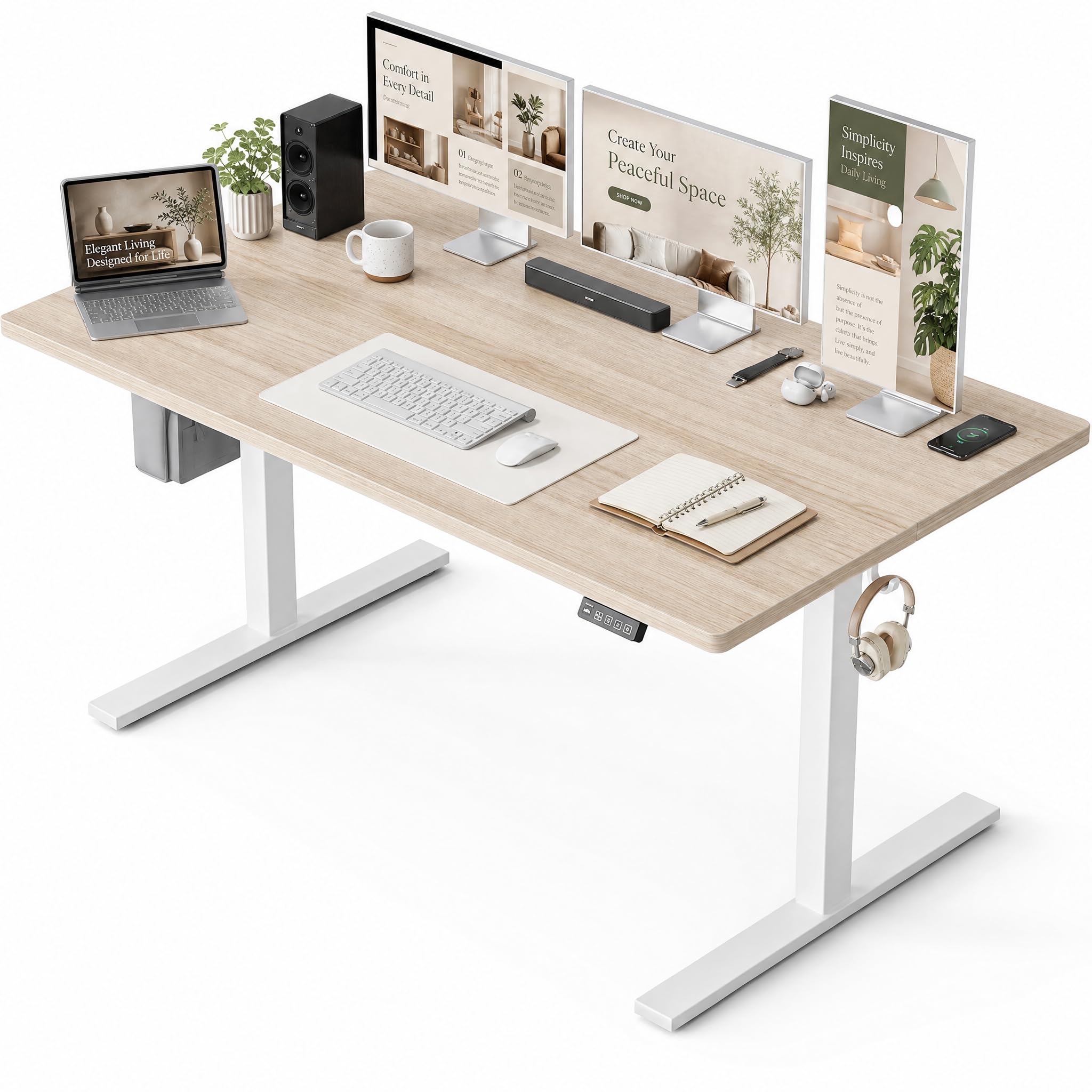 Grandder 55x32 Extra-Deep Electric Standing Desk, Wide Desktop Fits 49" Ultrawide Monitor+Dual Screens, 176 lbs Capacity, 2 Memory Presets, Anti Collision, Computer Desk for Home Office & Gaming, Oak